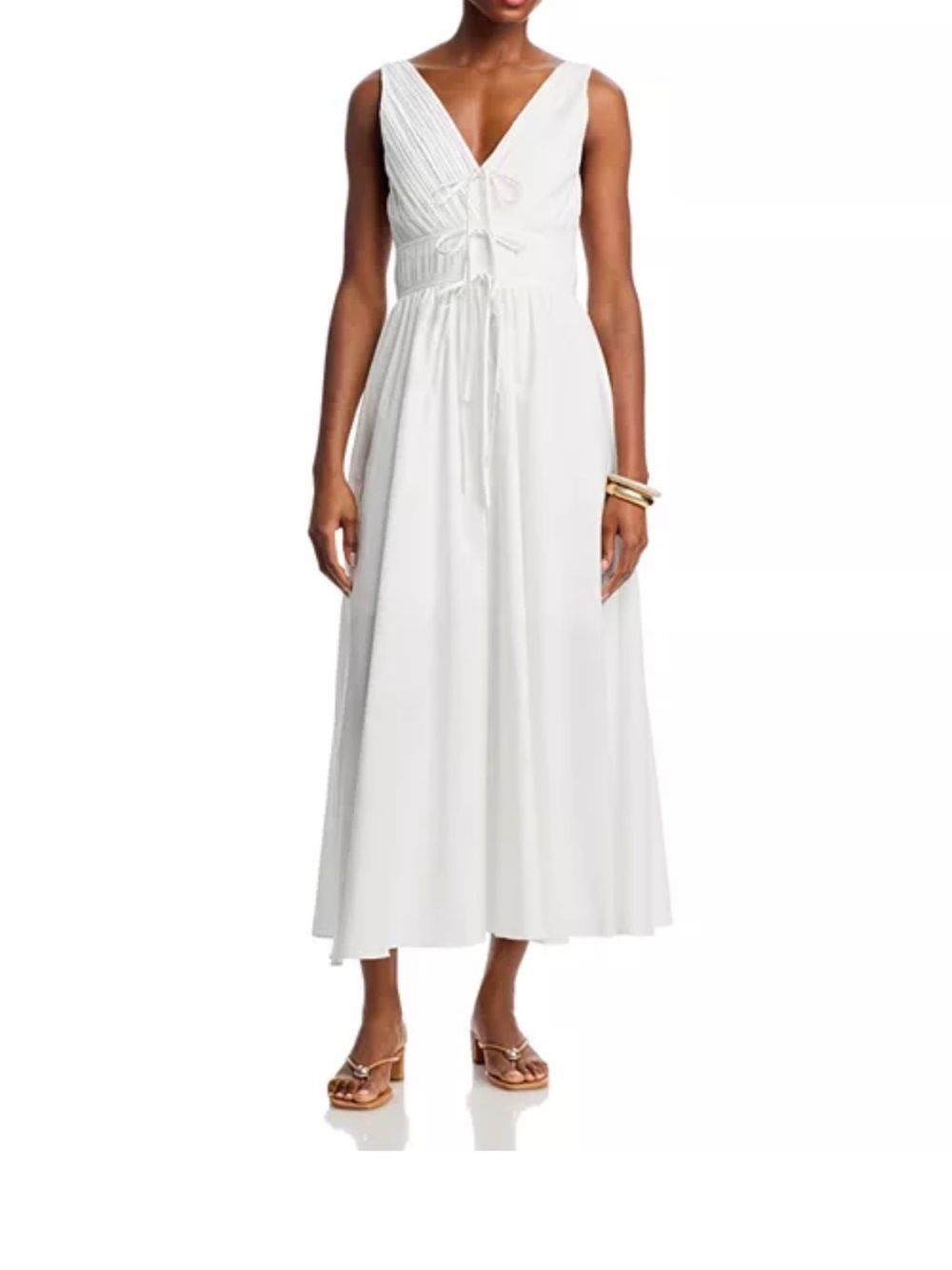 Moon River White V-Neck Tie-Front Midi Dress